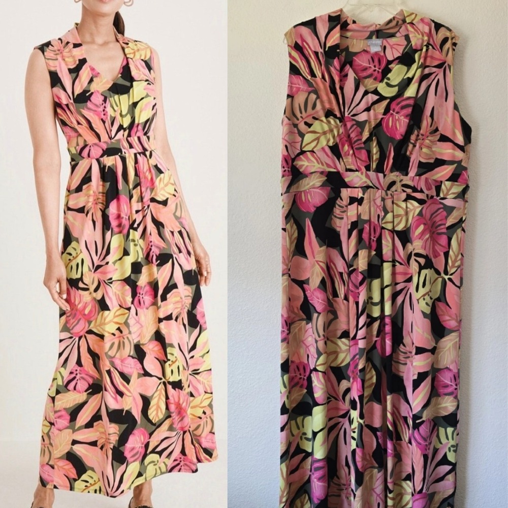 Chico's Women Plus Sz 3 US 16/18 Pleated Floral‎ Maxi Dress Forest Fairy Coastal